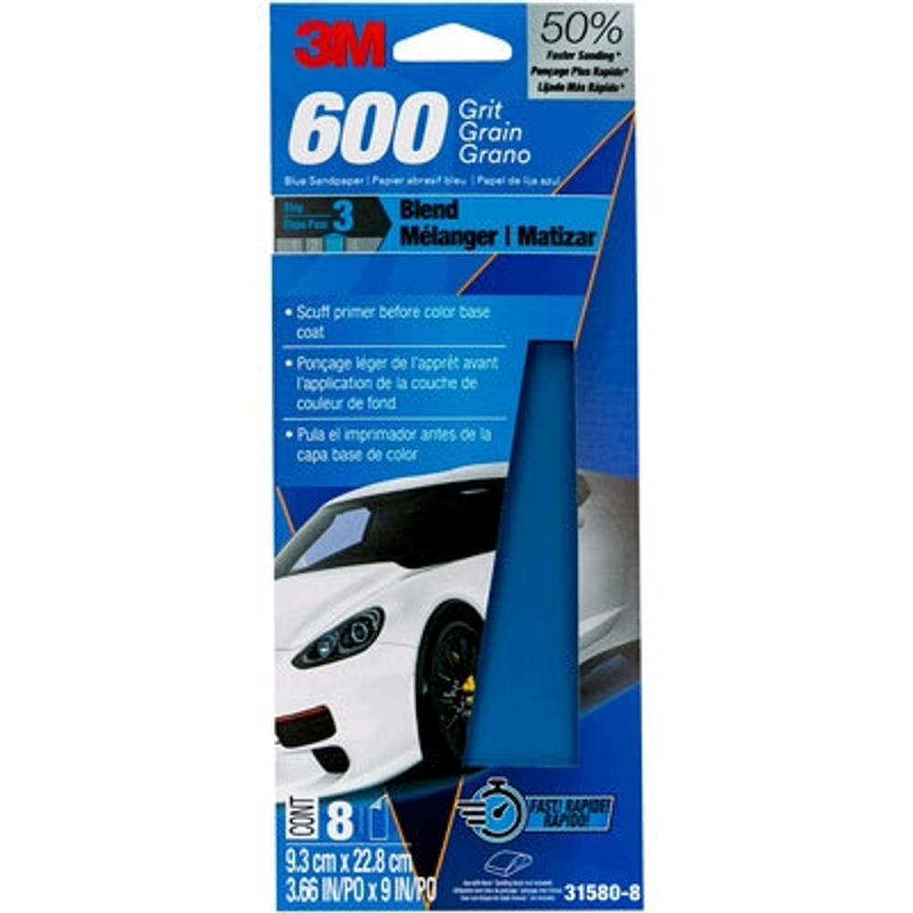 3M Blue Sandpaper 31580-8, 3 2/3 In X 9 In, 600 G, 8 Sheet/Pack,