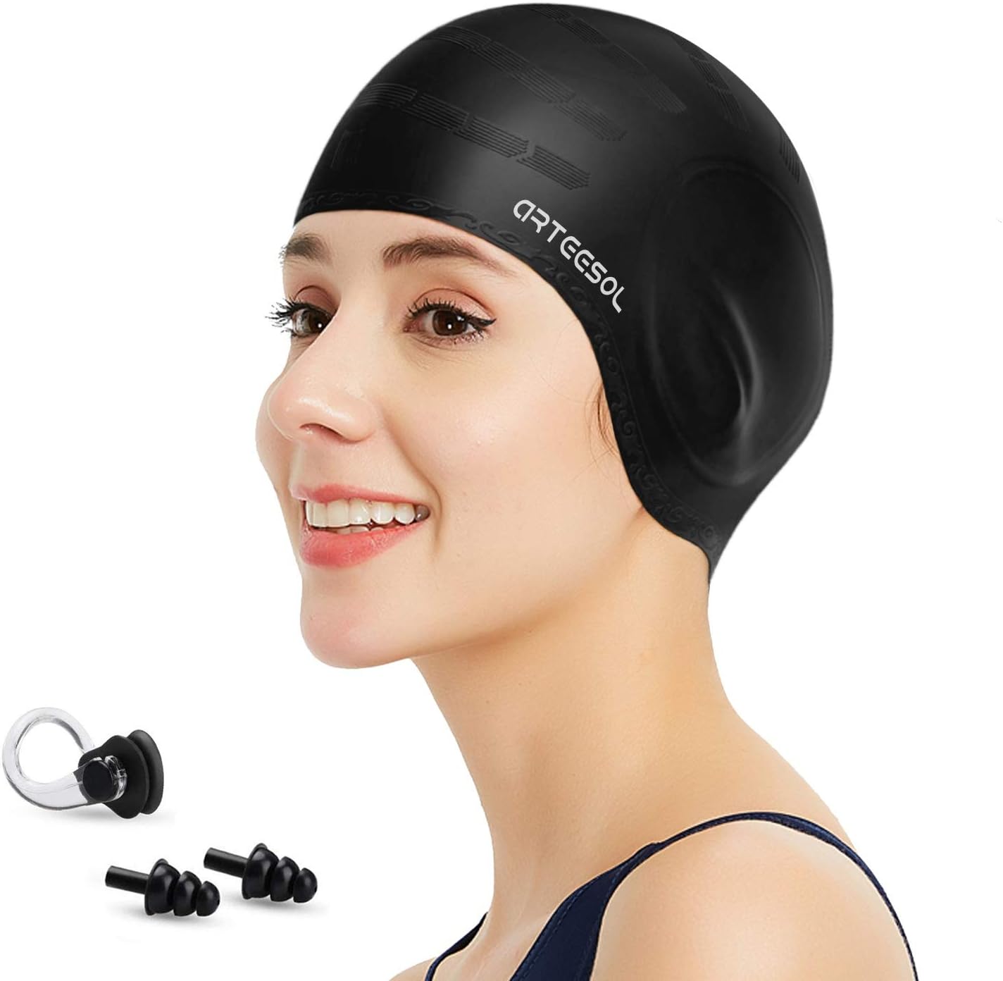 (Black) - Womens Silicone Swim Cap for Long Hair,3D Ergonomic Design Silicone Swimming Caps for Women Kids Men Adults Boys Girls with Ear Plug and Nose Clip