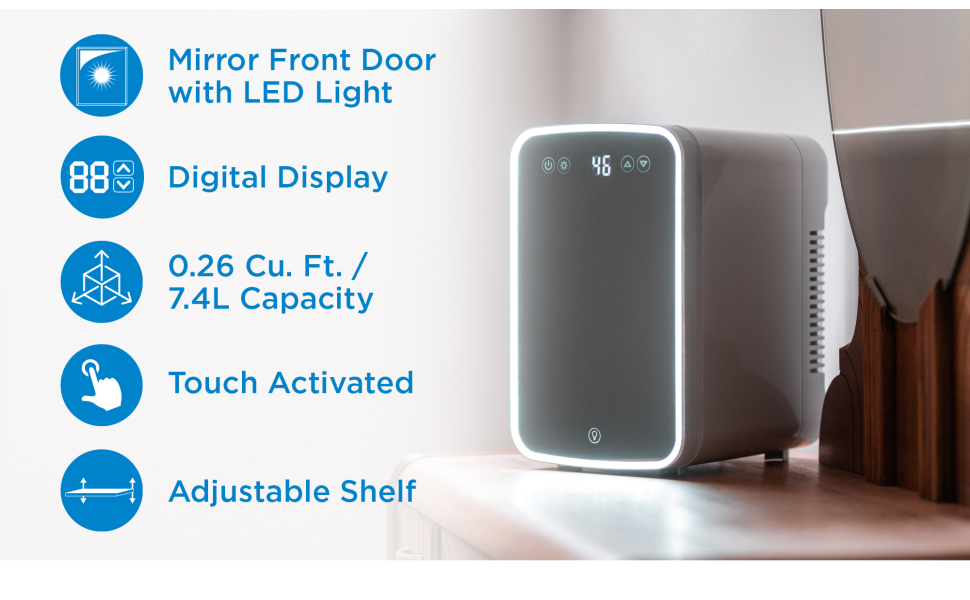 Danby DBMR02624WD43 7.4L Mini Fridge with Mirror & Light in Front door with LED light Digital Display touch activated 7.4 L / 0.26 cu.ft., White