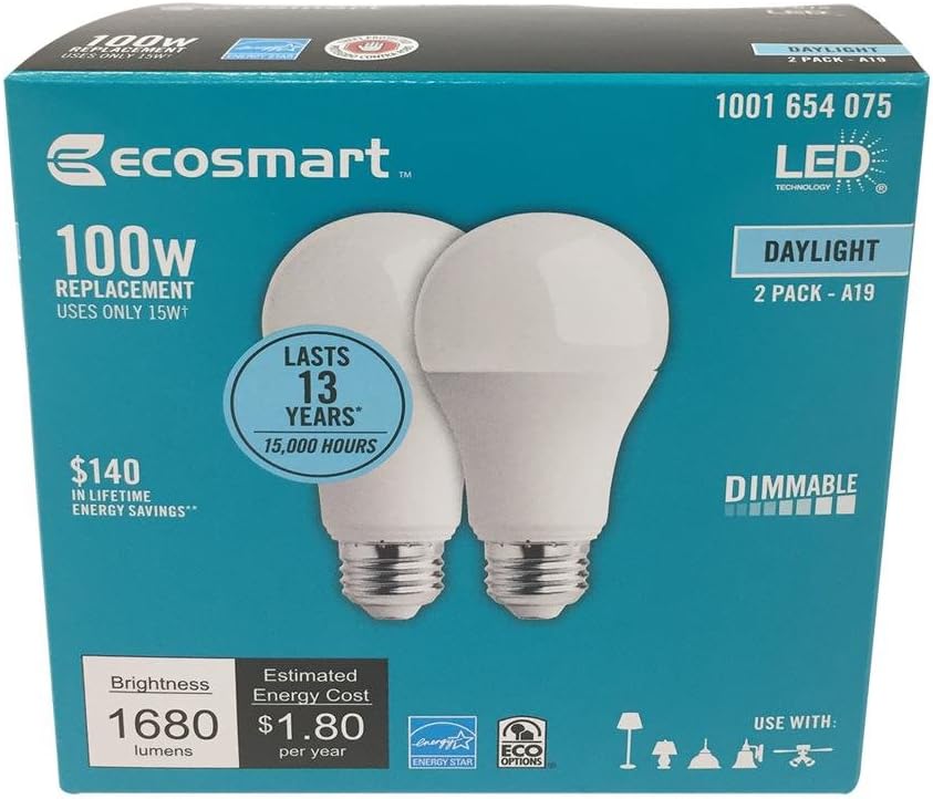 Amazon Basics 100W Equivalent, Daylight, Dimmable, 10,000 Hour Lifetime, A19 LED Light Bulb | 16-Pack