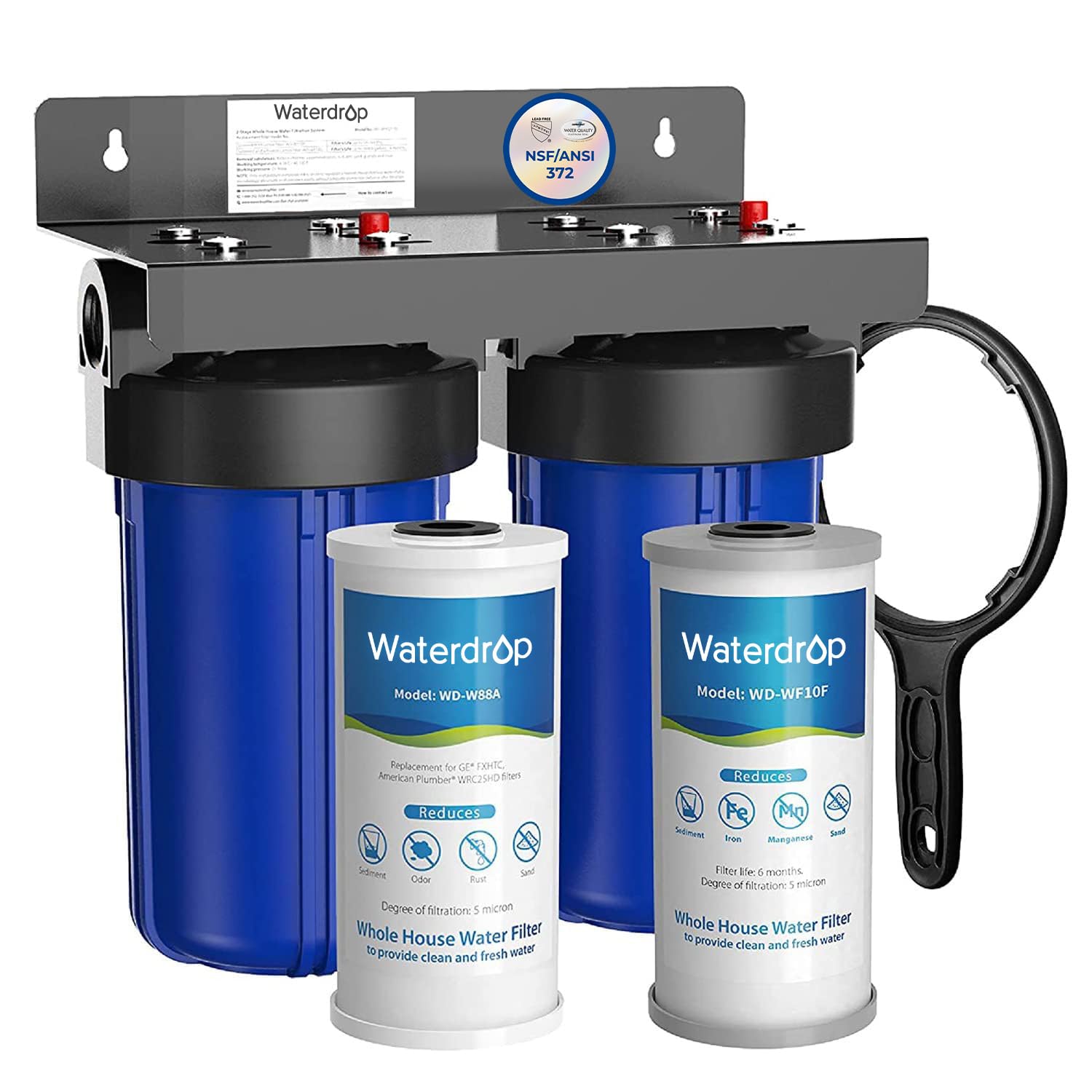 Waterdrop Whole House Water Filter System, Reduce Iron & Manganese, with Carbon and Sediment Filters, 5-Stage Filtration, Reduce Iron, Lead, Chlorine, Odor, 2-Stage WD-WHF21-FG, 1" Inlet/Outlet