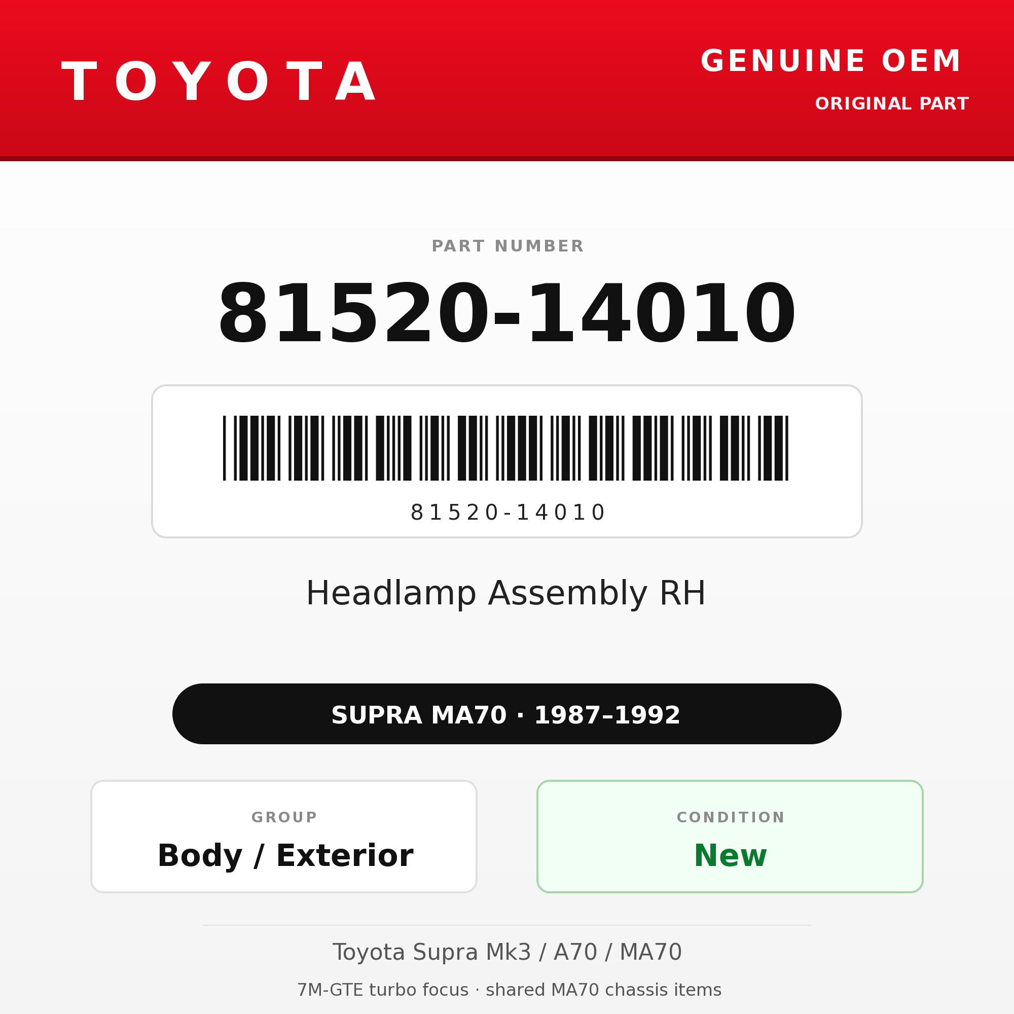 Genuine Toyota OEM 81520-14010 - Headlamp Assembly RH (87-92 Supra)