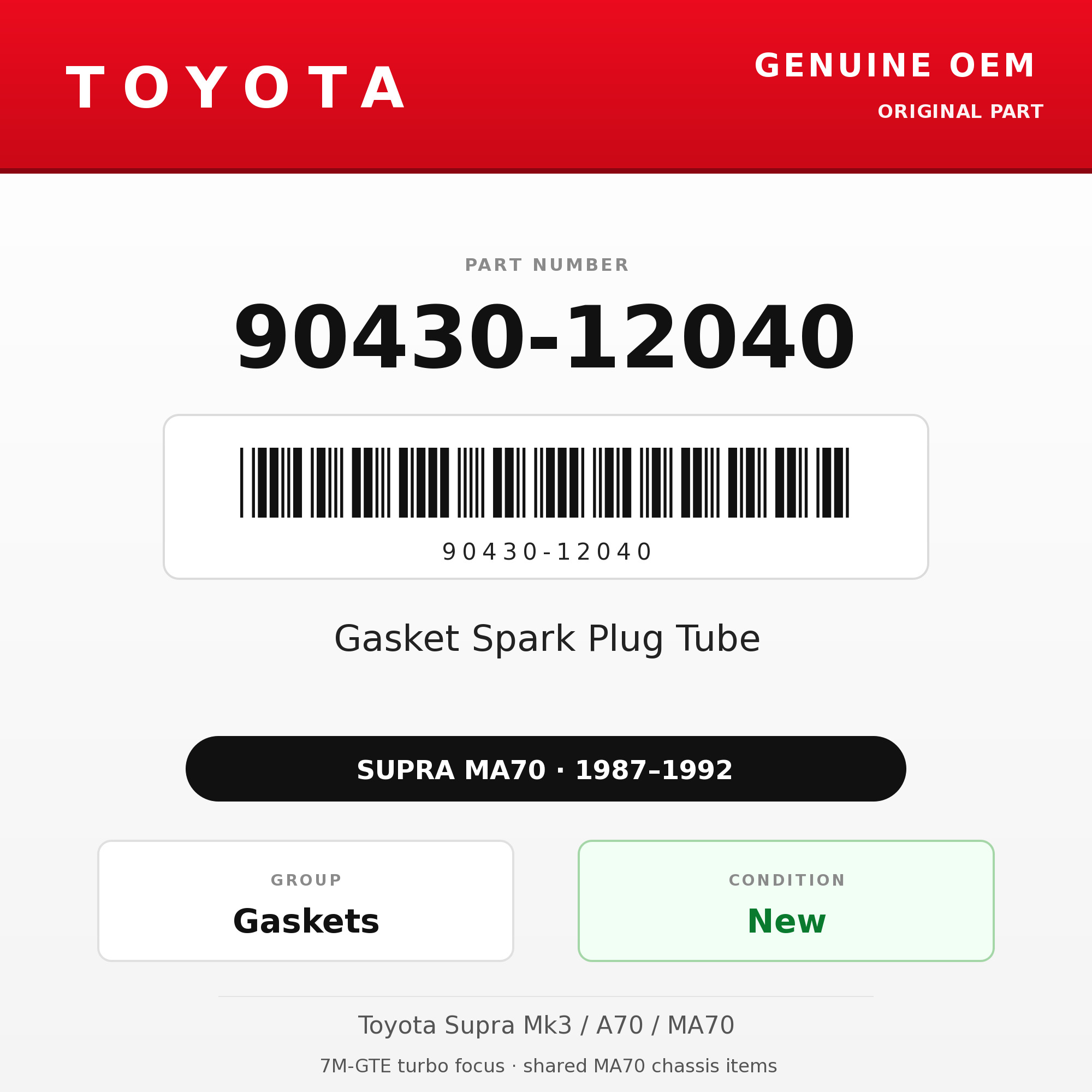 Genuine Toyota OEM 90430-12040 - Gasket Spark Plug Tube 7M (each) (87-92 Supra)