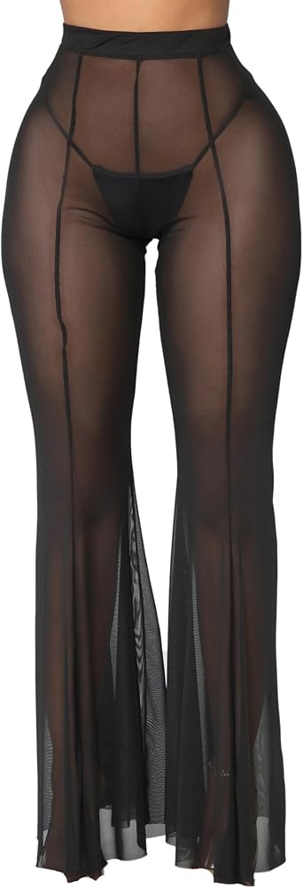 Sexy Women Pants Beach Sheer Cover Up Bell Bottom Flared Pants Solid Color High Waist Ladies Trousers See Through Women Trousers